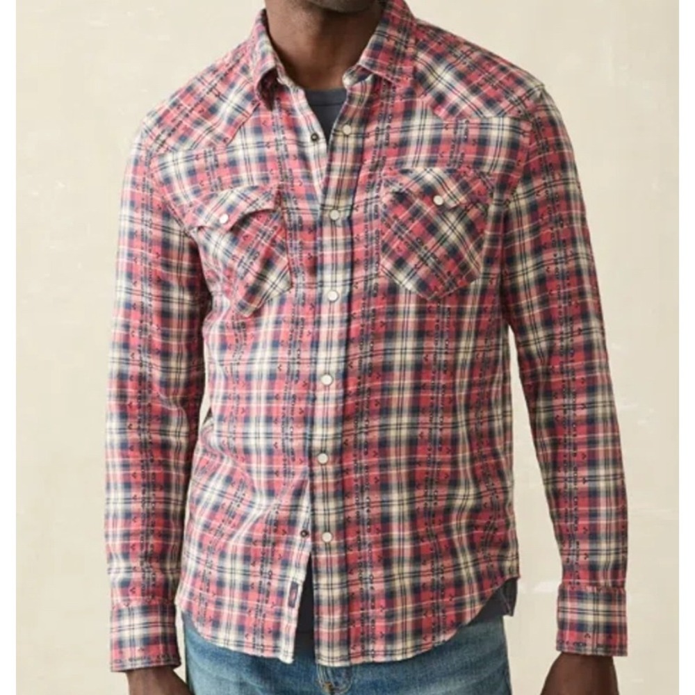 Faherty Western Shirt Artisan Twill Large Red Plaid Excellent Coastal Cowboy